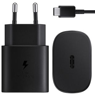 Samsung Originele USB-C naar USB-C kabel - 1 meter - 25 Watt - Zwart + Originele Fast Charging Adapter USB-C Oplader - In Fabrieksverpakking - 25 Watt - Zwart